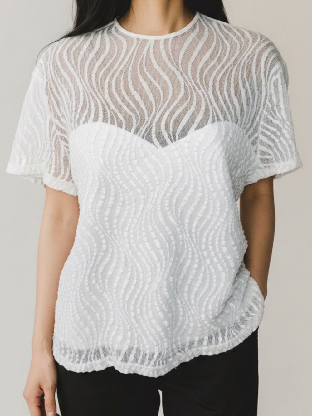 Vintage White Lace Sheer Mesh Textured Blouse Sweetheart Short Sleeve Size S